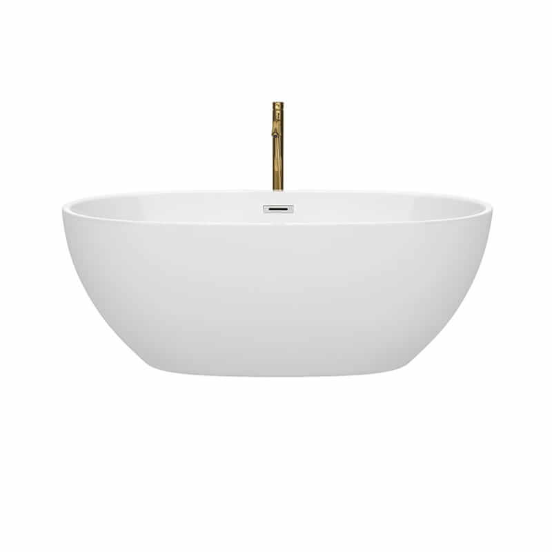 Wyndham Collection Juno 63 Inch Freestanding Acrylic White Bathtub With Polished Chrome Trim and Brushed Gold Faucet Front View