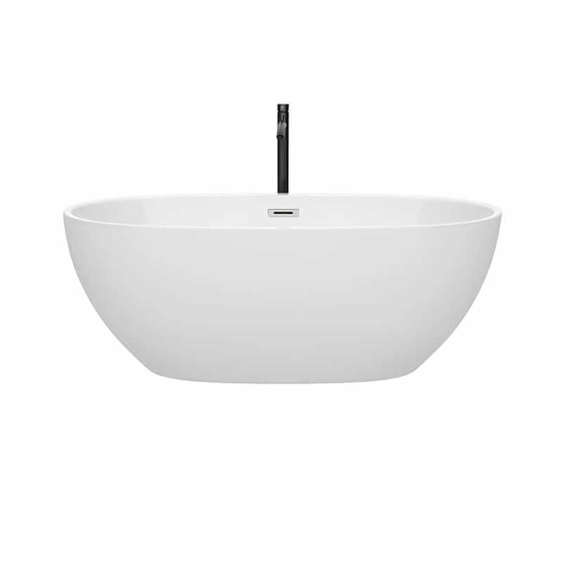 Wyndham Collection Juno 63 Inch Freestanding Acrylic White Bathtub With Polished Chrome Trim and Matte Black Faucet Front View
