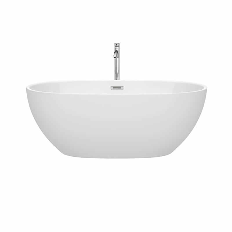 Wyndham Collection Juno 63 Inch Freestanding Acrylic White Bathtub With Polished Chrome Trim Front View