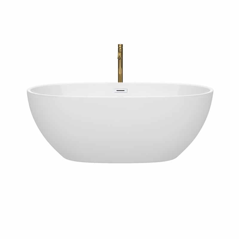 Wyndham Collection Juno 63 Inch Freestanding Acrylic White Bathtub With Shiny White Trim and Brushed Gold Faucet Front View