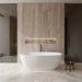 Wyndham Collection Juno 67" Freestanding Acrylic Matte White Bathtub With Shiny White Trim and Matte Black Faucet Lifestyle