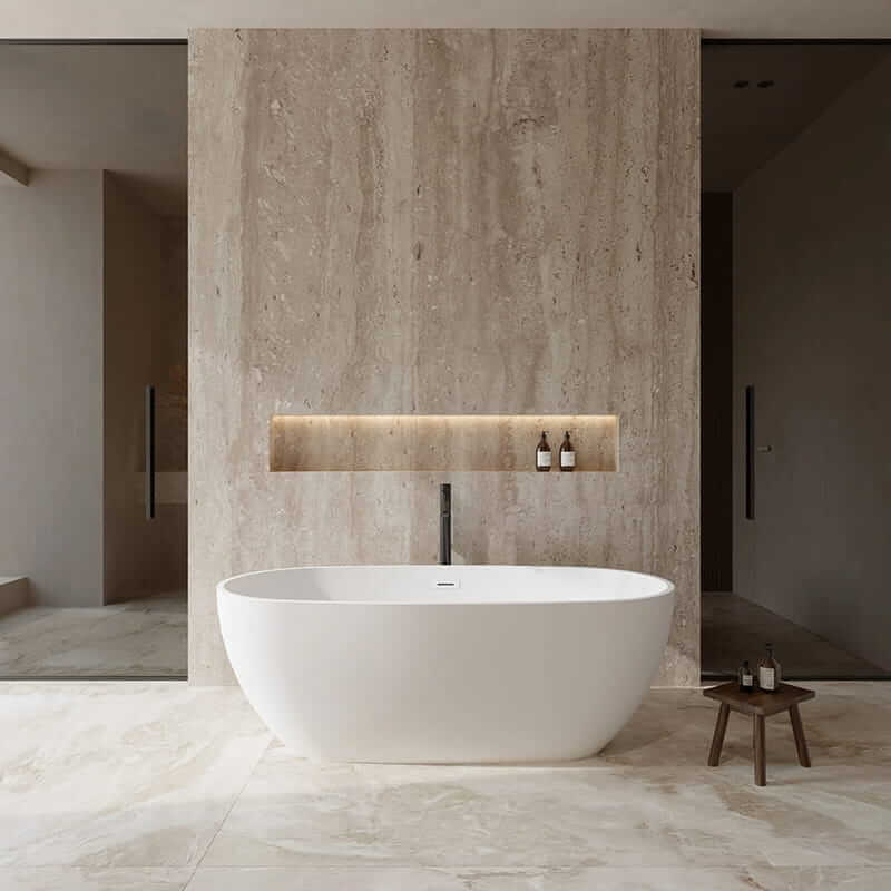 Wyndham Collection Juno 67" Freestanding Acrylic Matte White Bathtub With Shiny White Trim and Matte Black Faucet Lifestyle