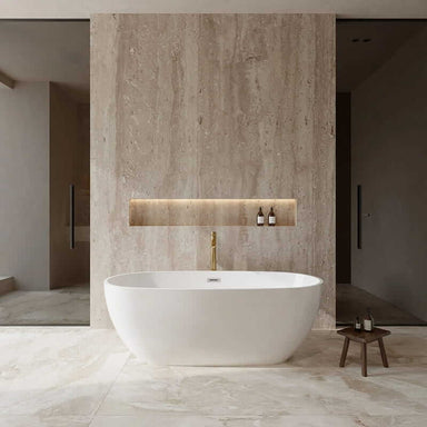 Wyndham Collection Juno 67" Freestanding Acrylic White Bathtub With Polished Chrome Trim and Brushed Gold Faucet Lifestyle