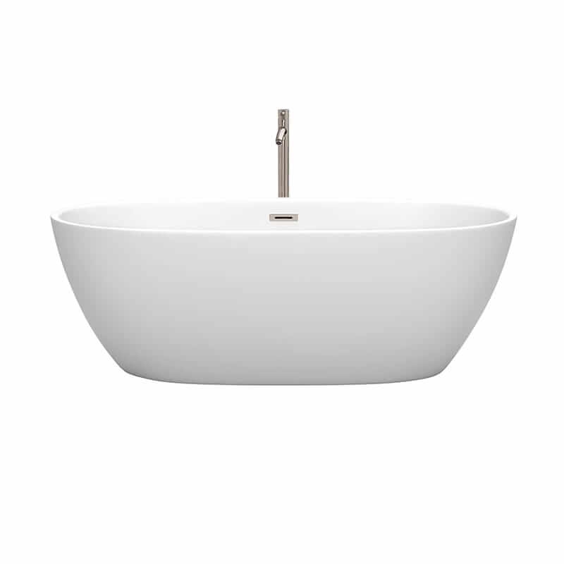 Wyndham Collection Juno 67 Inch Freestanding Acrylic Matte White Bathtub With Brushed Nickel Trim Front View