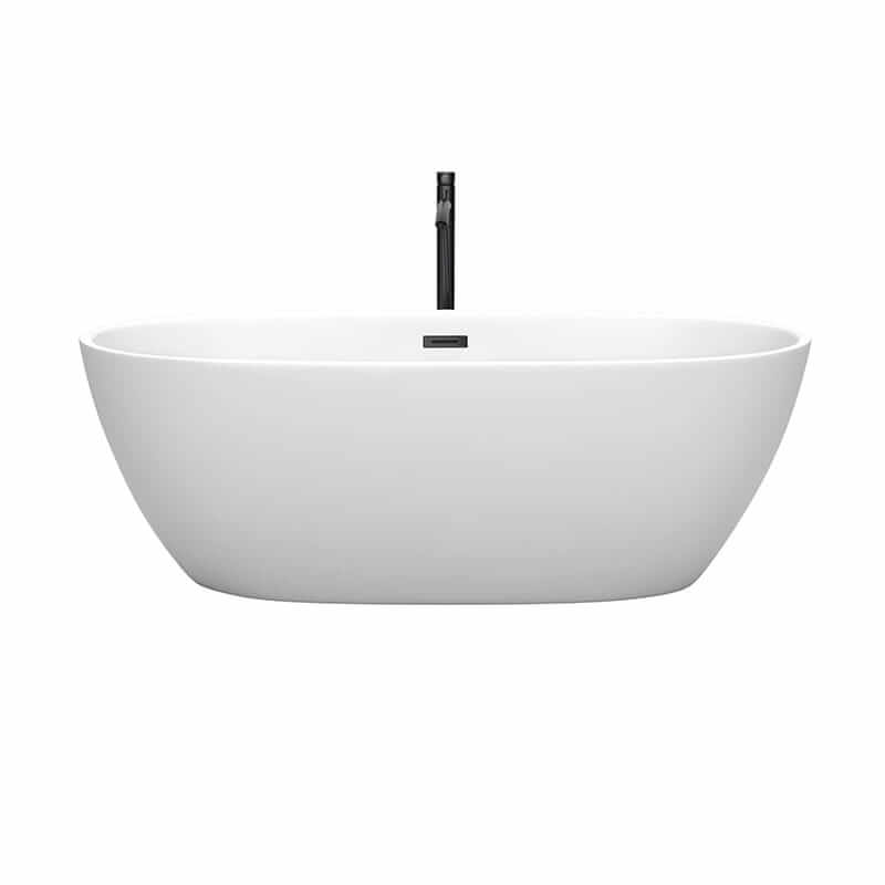 Wyndham Collection Juno 67 Inch Freestanding Acrylic Matte White Bathtub With Matte Black Trim Front View