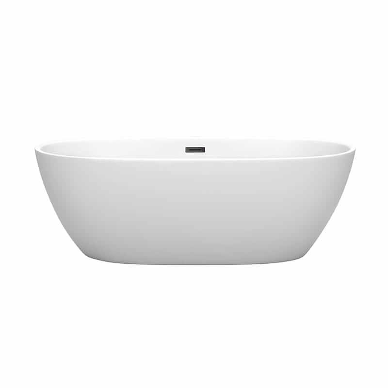 Wyndham Collection Juno 67 Inch Freestanding Acrylic Matte White Bathtub With Matte Black Trim No Faucet Front View