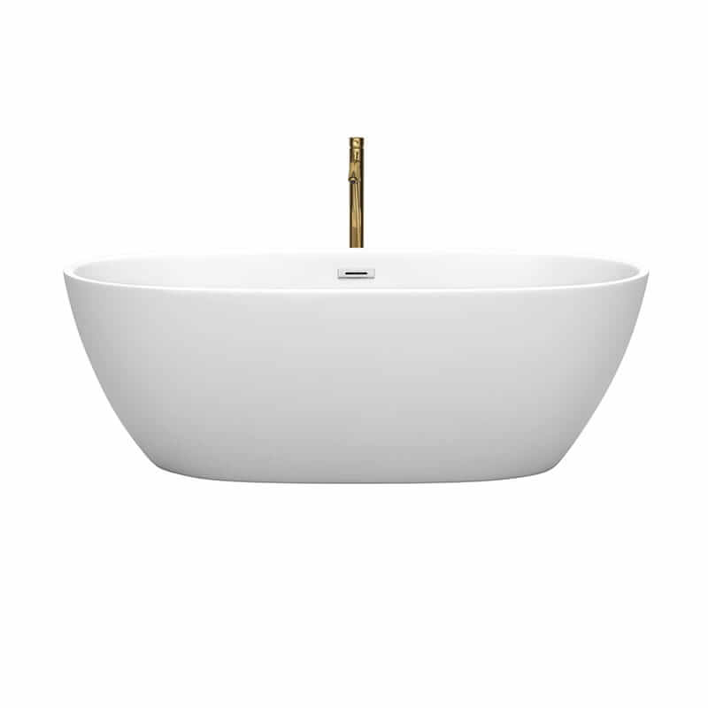 Wyndham Collection Juno 67 Inch Freestanding Acrylic Matte White Bathtub With Polished Chrome Trim and Brushed Gold Faucet Front View