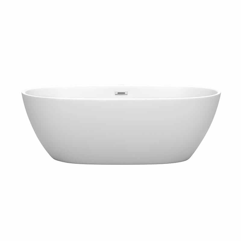 Wyndham Collection Juno 67 Inch Freestanding Acrylic Matte White Bathtub With Polished Chrome Trim No Faucet Front View