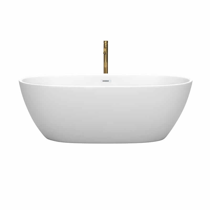 Wyndham Collection Juno 67 Inch Freestanding Acrylic Matte White Bathtub With Shiny White Trim and Brushed Gold Faucet Front View