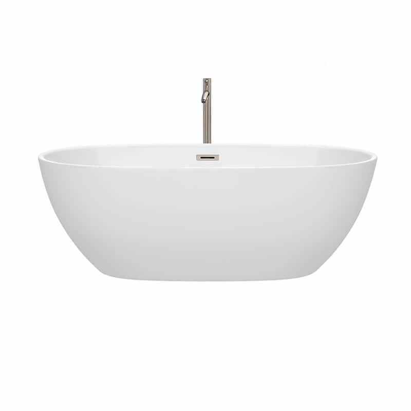 Wyndham Collection Juno 67 Inch Freestanding Acrylic White Bathtub With Brushed Nickel Trim Front View