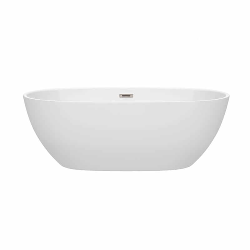 Wyndham Collection Juno 67 Inch Freestanding Acrylic White Bathtub With Brushed Nickel Trim No Faucet Front View