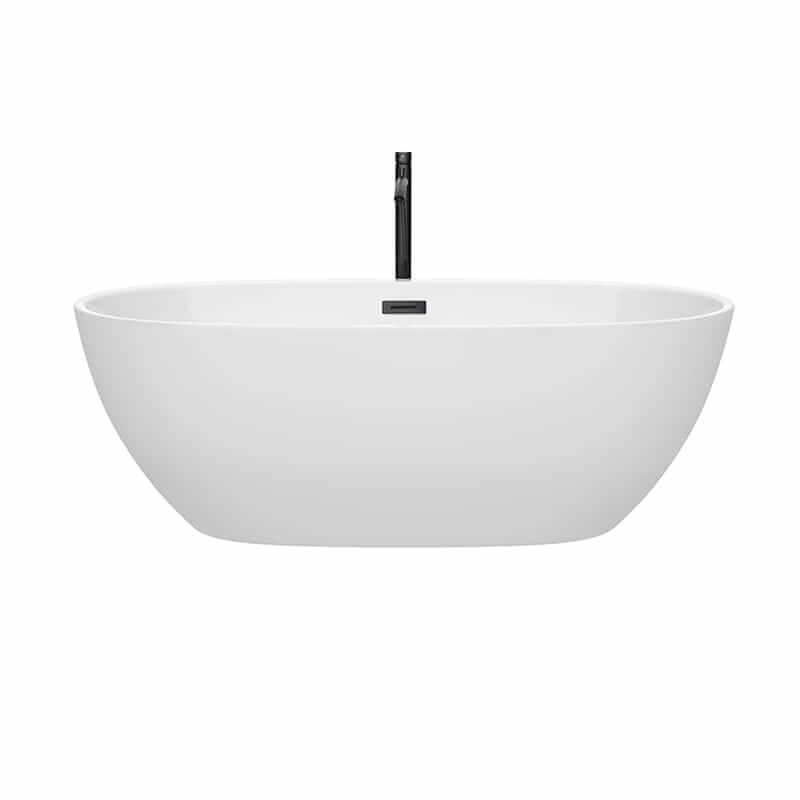 Wyndham Collection Juno 67 Inch Freestanding Acrylic White Bathtub With Matte Black Trim Front View