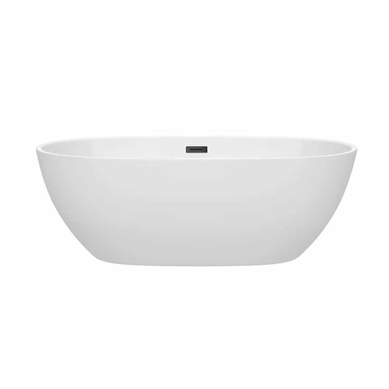 Wyndham Collection Juno 67 Inch Freestanding Acrylic White Bathtub With Matte Black Trim No Faucet Front View