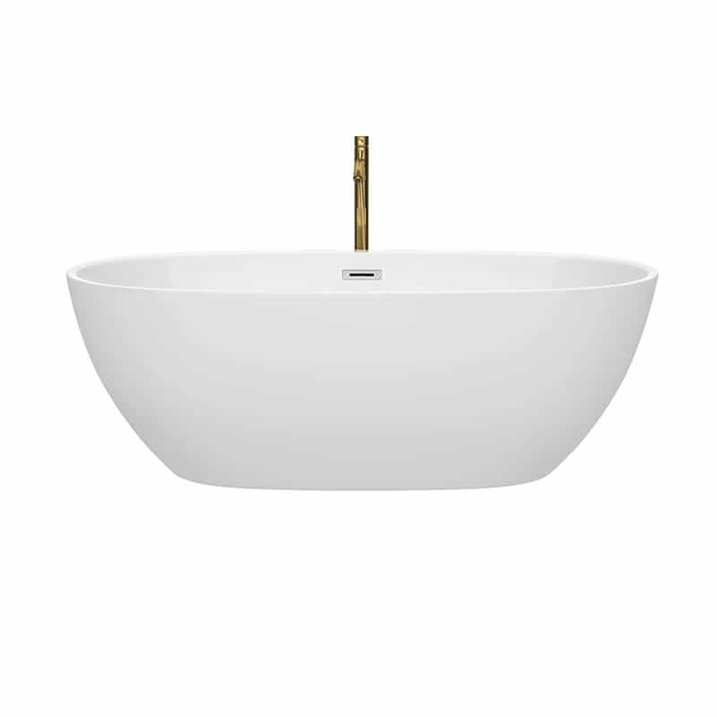 Wyndham Collection Juno 67 Inch Freestanding Acrylic White Bathtub With Polished Chrome Trim and Brushed Gold Faucet Front View