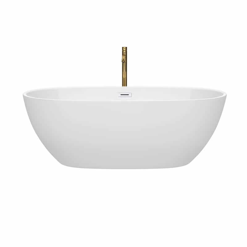 Wyndham Collection Juno 67 Inch Freestanding Acrylic White Bathtub With Shiny White Trim and Brushed Gold Faucet Front View