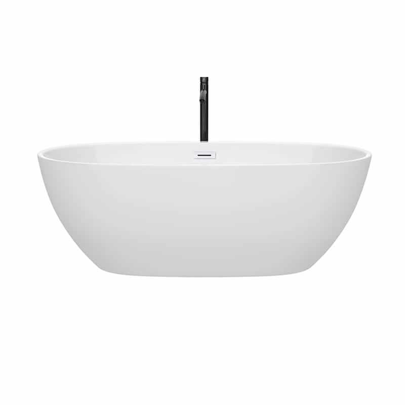 Wyndham Collection Juno 67 Inch Freestanding Acrylic White Bathtub With Shiny White Trim and Matte Black Faucet Front View