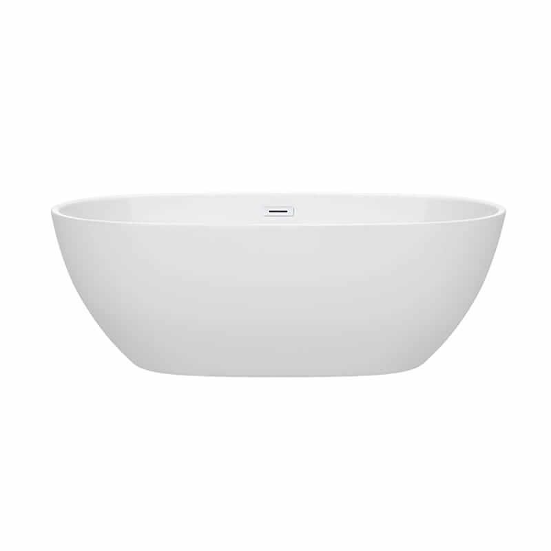 Wyndham Collection Juno 67 Inch Freestanding Acrylic White Bathtub With Shiny White Trim No Faucet Front View