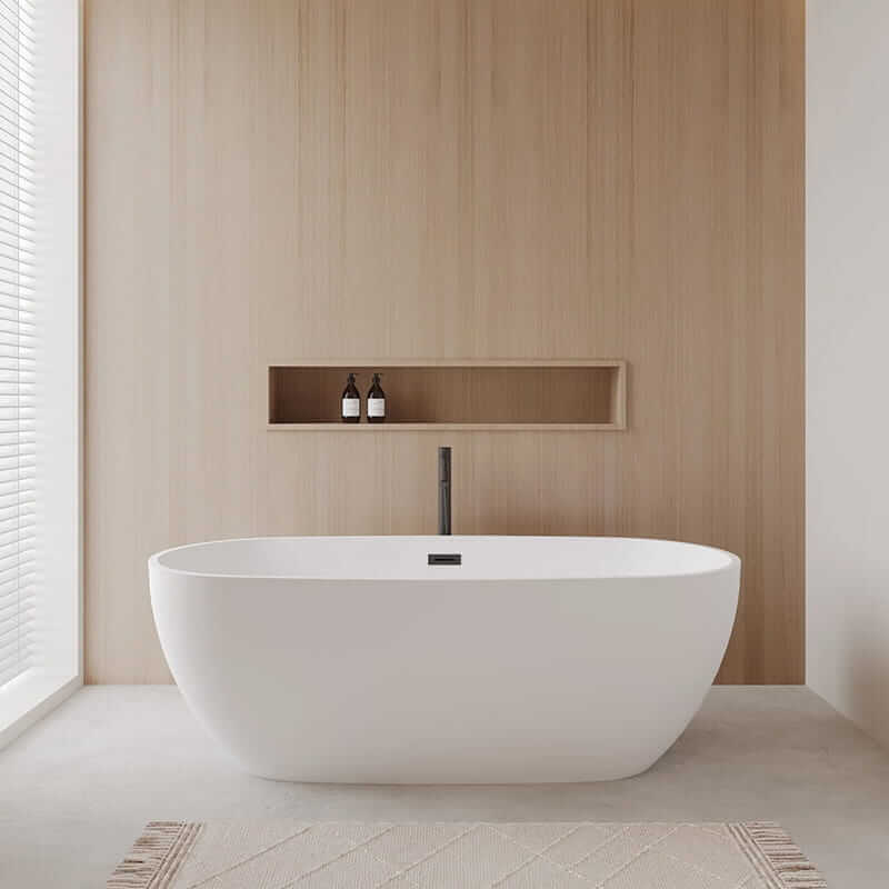 Wyndham Collection Juno 71" Freestanding Acrylic Matte White Bathtub With Matte Black Trim Lifestyle