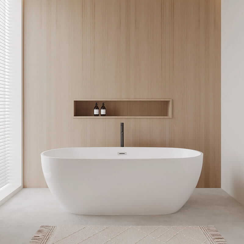 Wyndham Collection Juno 71" Freestanding Acrylic White Bathtub With Polished Chrome Trim and Matte Black Faucet Lifestyle