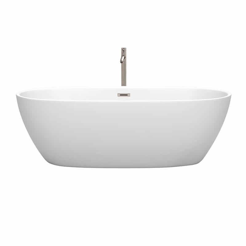 Wyndham Collection Juno 71 Inch Freestanding Acrylic Matte White Bathtub With Brushed Nickel Trim Front View