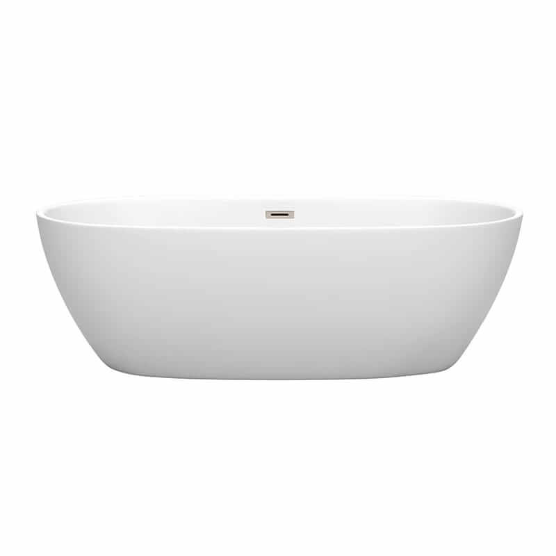 Wyndham Collection Juno 71 Inch Freestanding Acrylic Matte White Bathtub With Brushed Nickel Trim No Faucet Front View