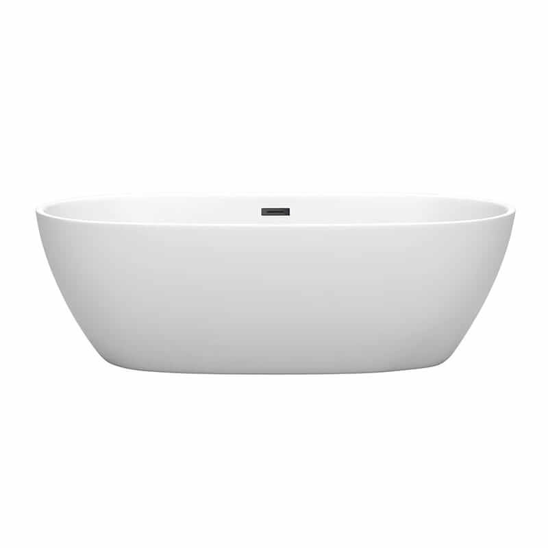 Wyndham Collection Juno 71 Inch Freestanding Acrylic Matte White Bathtub With Matte Black Trim No Faucet Front View