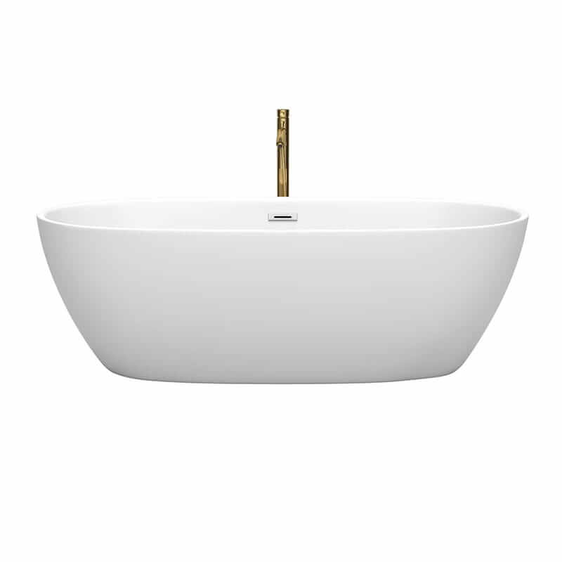 Wyndham Collection Juno 71 Inch Freestanding Acrylic Matte White Bathtub With Polished Chrome Trim and Brushed Gold Faucet Front View