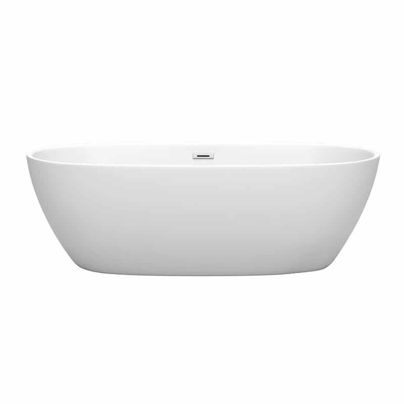Wyndham Collection Juno 71 Inch Freestanding Acrylic Matte White Bathtub With Polished Chrome Trim No Faucet Front View