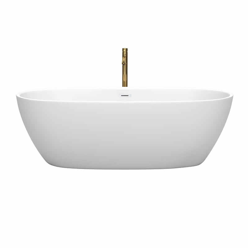 Wyndham Collection Juno 71 Inch Freestanding Acrylic Matte White Bathtub With Shiny White Trim and Brushed Gold Faucet Front View