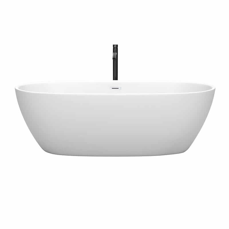 Wyndham Collection Juno 71 Inch Freestanding Acrylic Matte White Bathtub With Shiny White Trim and Matte Black Faucet Front View