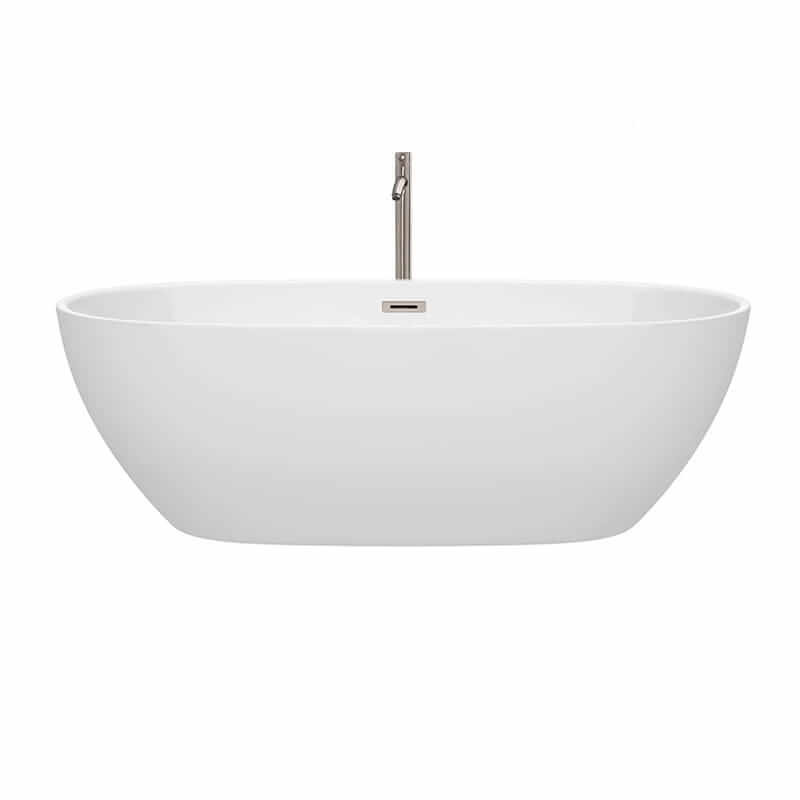 Wyndham Collection Juno 71 Inch Freestanding Acrylic White Bathtub With Brushed Nickel Trim Front View