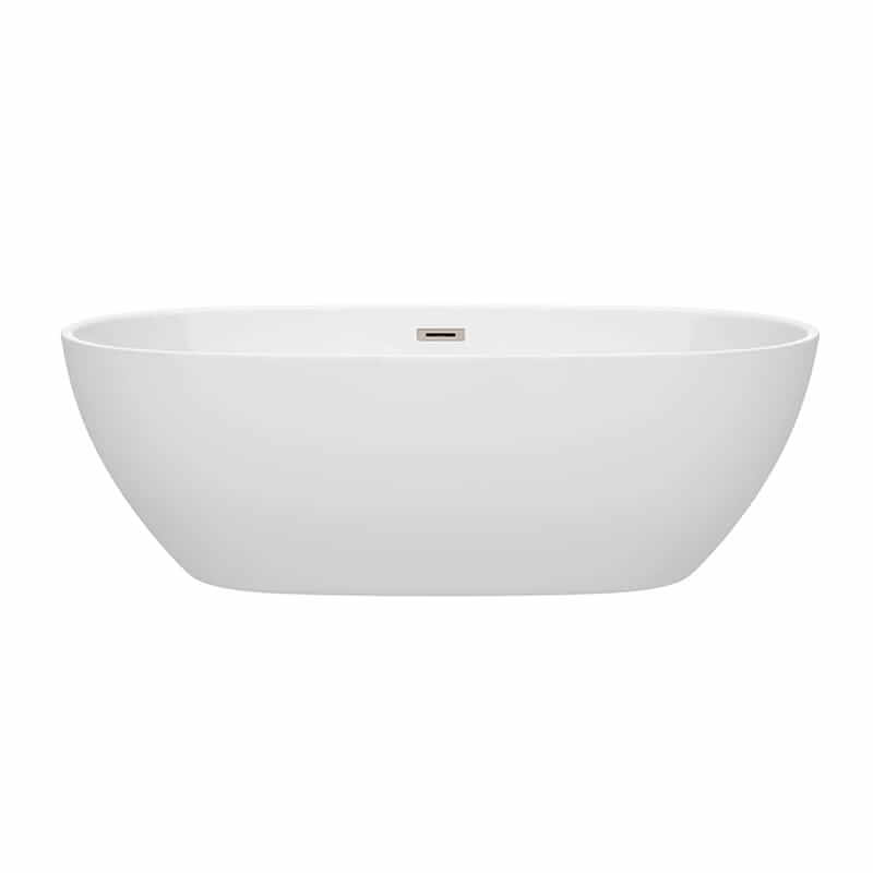 Wyndham Collection Juno 71 Inch Freestanding Acrylic White Bathtub With Brushed Nickel Trim No Faucet Front View