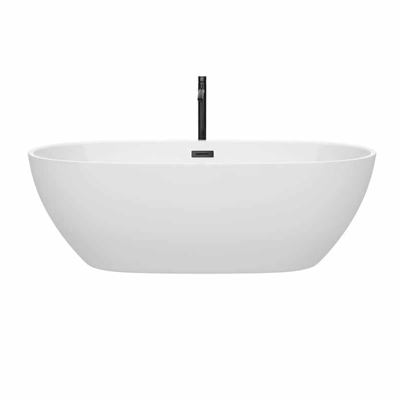Wyndham Collection Juno 71 Inch Freestanding Acrylic White Bathtub With Matte Black Trim Front View