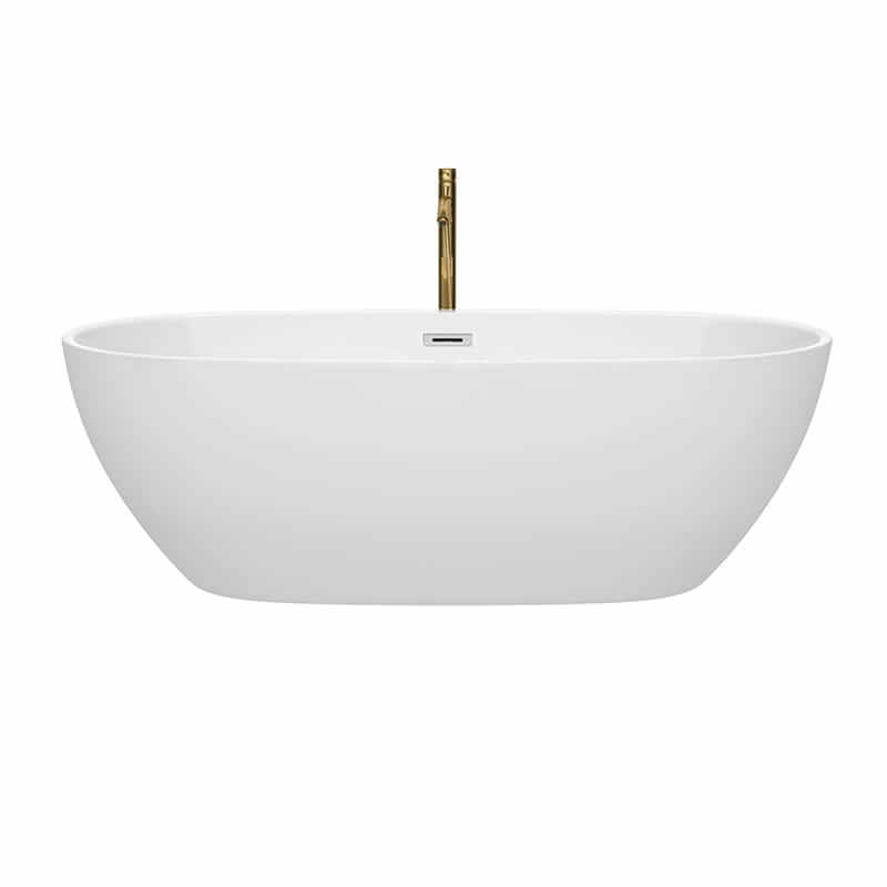 Wyndham Collection Juno 71 Inch Freestanding Acrylic White Bathtub With Polished Chrome Trim and Brushed Gold Faucet Front View