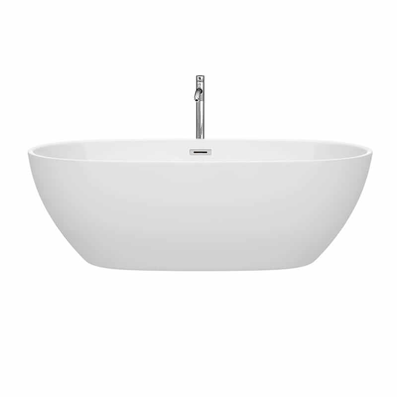 Wyndham Collection Juno 71 Inch Freestanding Acrylic White Bathtub With Polished Chrome Trim Front View