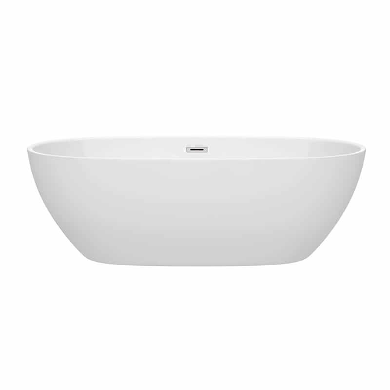 Wyndham Collection Juno 71 Inch Freestanding Acrylic White Bathtub With Polished Chrome Trim No Faucet Front View