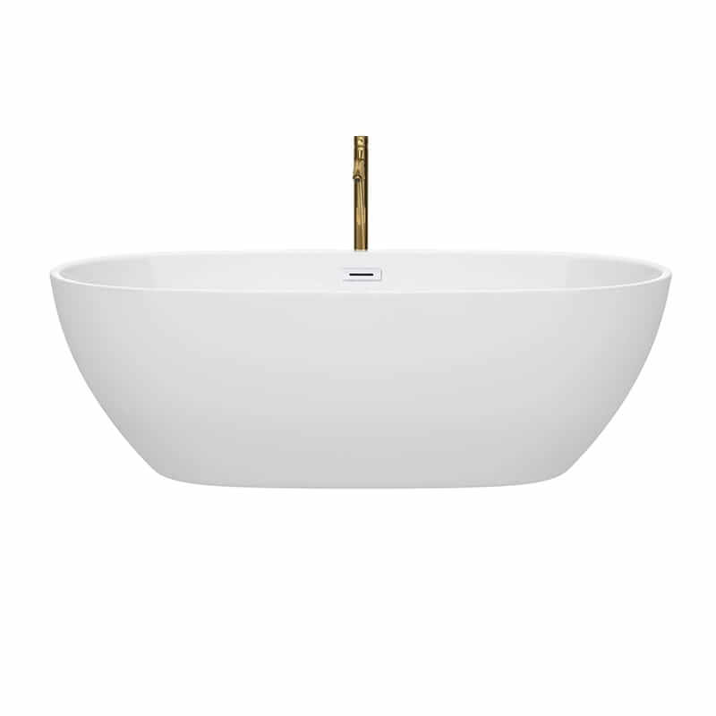 Wyndham Collection Juno 71 Inch Freestanding Acrylic White Bathtub With Shiny White Trim and Brushed Gold Faucet Front View