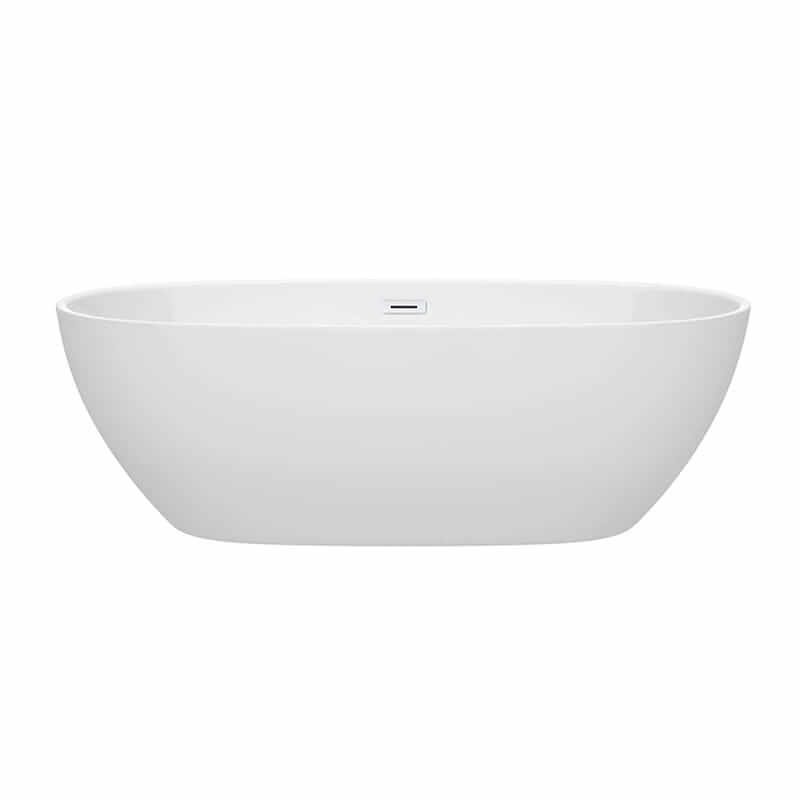 Wyndham Collection Juno 71 Inch Freestanding Acrylic White Bathtub With Shiny White Trim No Faucet Front View