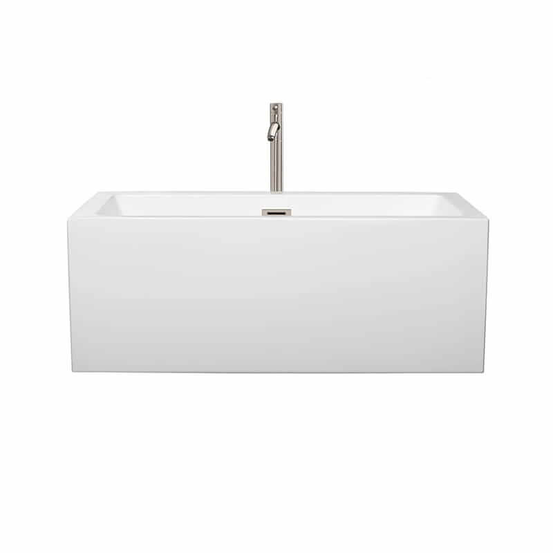 Wyndham Collection Melody 60 Inch Freestanding Acrylic White Bathtub With Brushed Nickel Trim Front View