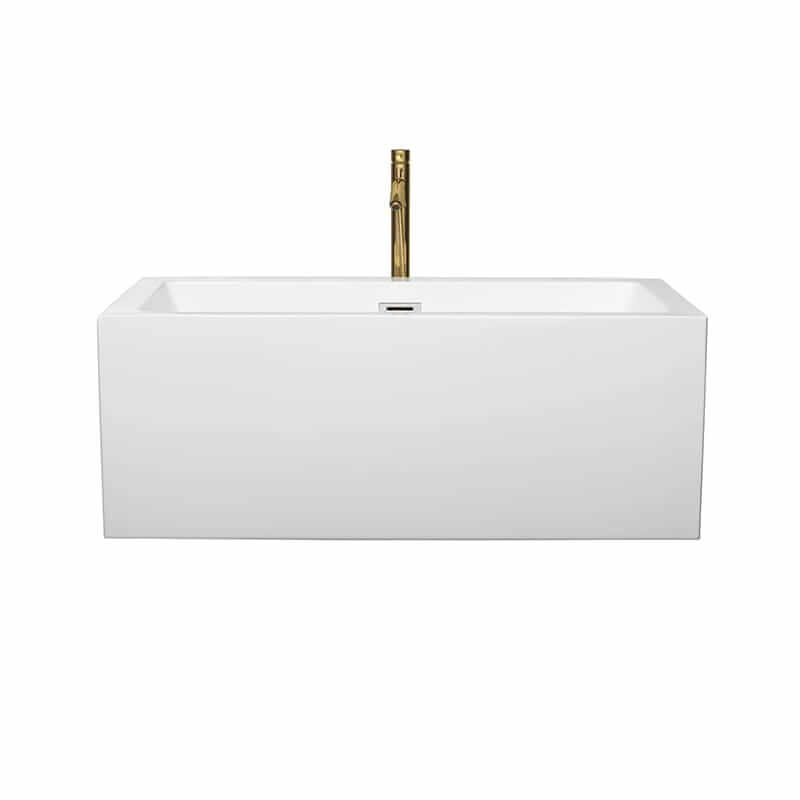 Wyndham Collection Melody 60 Inch Freestanding Acrylic White Bathtub With Polished Chrome Trim and Brushed Gold Faucet Front View