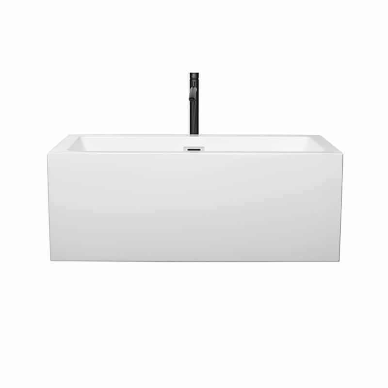 Wyndham Collection Melody 60 Inch Freestanding Acrylic White Bathtub With Polished Chrome Trim and Matte Black Faucet Front View
