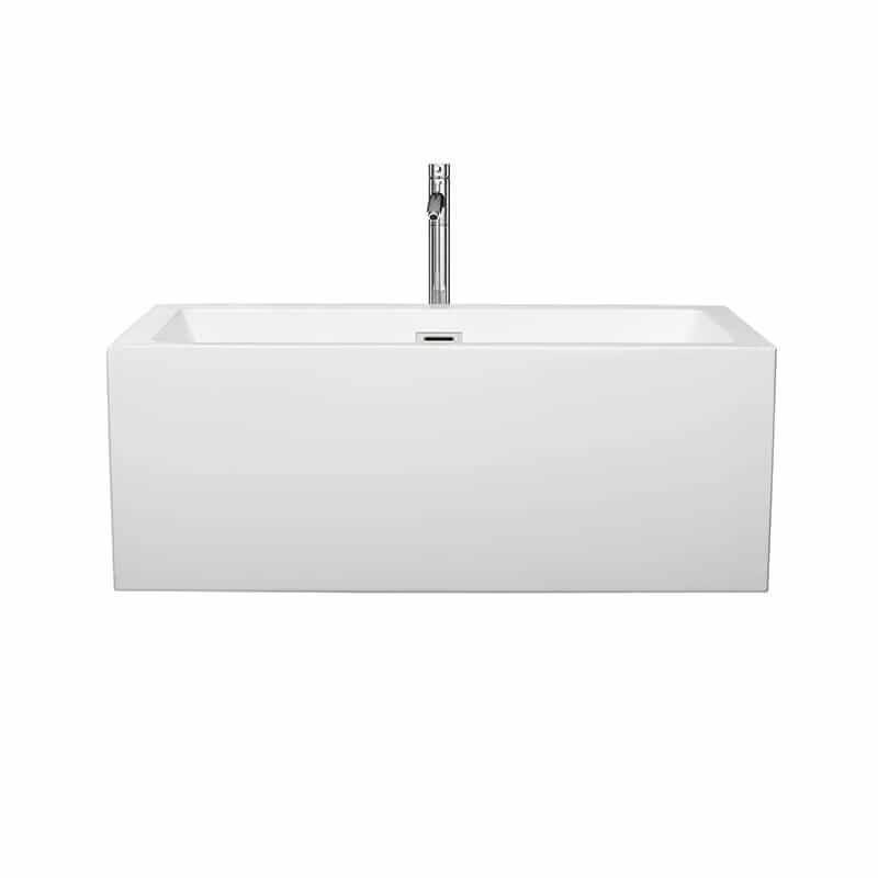 Wyndham Collection Melody 60 Inch Freestanding Acrylic White Bathtub With Polished Chrome Trim Front View