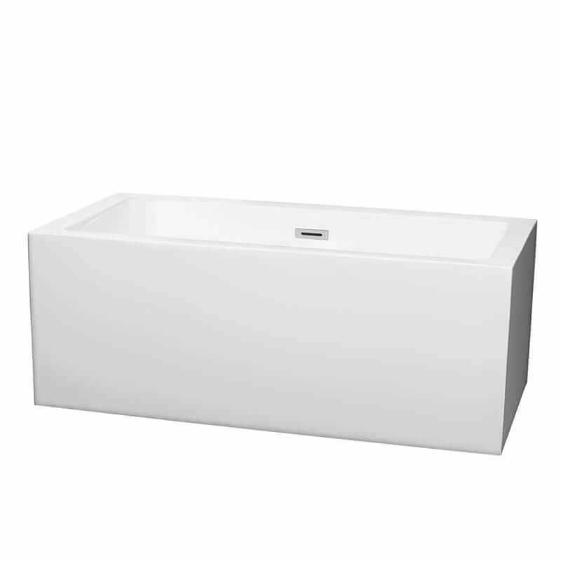 Wyndham Collection Melody 60 Inch Freestanding Acrylic White Bathtub With Polished Chrome Trim No Faucet Top Front View