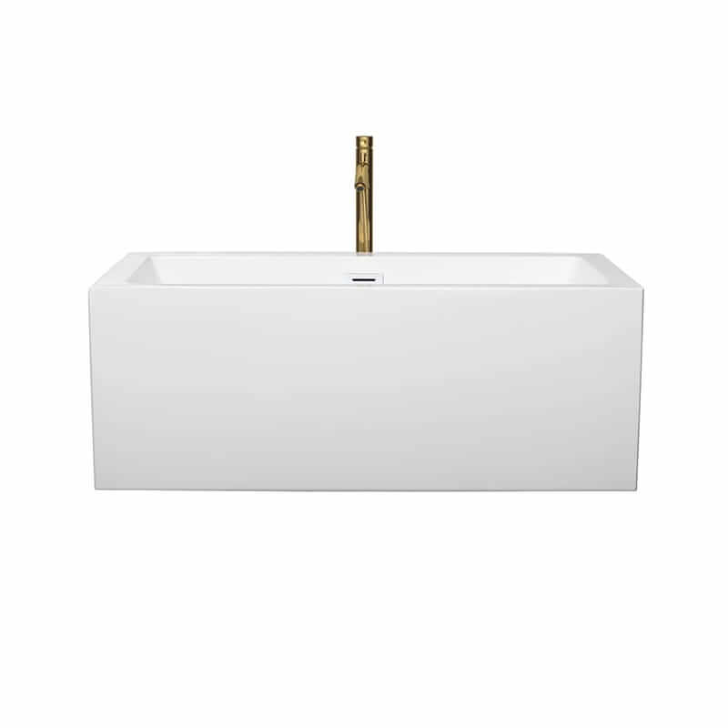 Wyndham Collection Melody 60 Inch Freestanding Acrylic White Bathtub With Shiny White Trim and Brushed Gold Faucet Front View