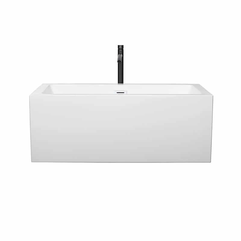 Wyndham Collection Melody 60 Inch Freestanding Acrylic White Bathtub With Shiny White Trim and Matte Black Faucet Front View
