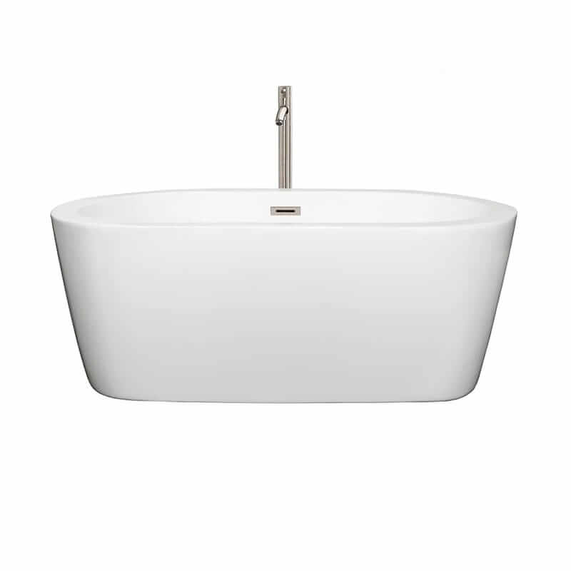 Wyndham Collection Mermaid 60 Inch Freestanding Acrylic White Bathtub With Brushed Nickel Trim Front View
