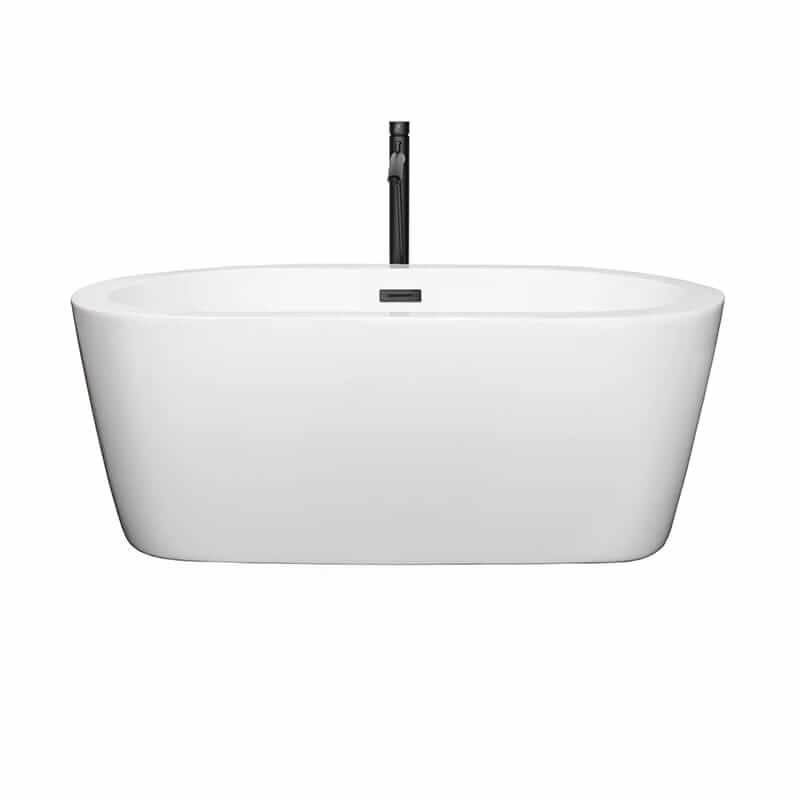 Wyndham Collection Mermaid 60 Inch Freestanding Acrylic White Bathtub With Matte Black Trim Front View