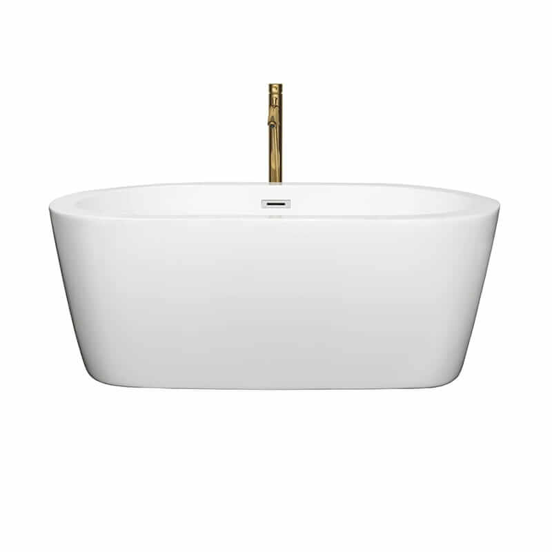 Wyndham Collection Mermaid 60 Inch Freestanding Acrylic White Bathtub With Polished Chrome Trim and Brushed Gold Faucet Front View