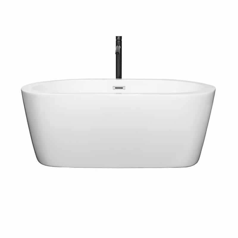 Wyndham Collection Mermaid 60 Inch Freestanding Acrylic White Bathtub With Polished Chrome Trim and Matte Black Faucet Front View