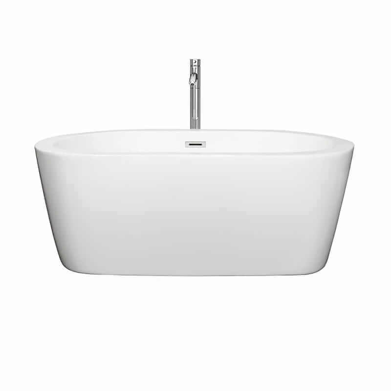 Wyndham Collection Mermaid 60 Inch Freestanding Acrylic White Bathtub With Polished Chrome Trim Front View